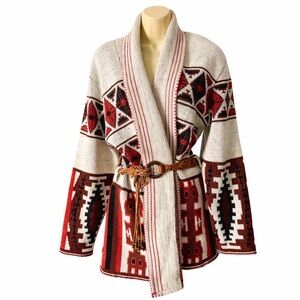 VTG 70s Prince Bellini Southwestern Aztec Belted Cardigan Sweater Coat Large